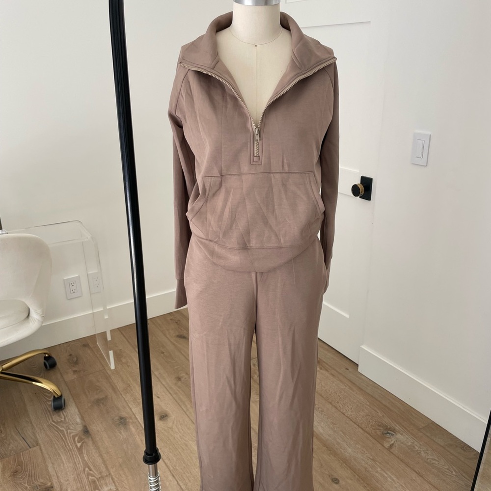 Women's Taupe Track Jogger Set - Zip Pullover & Wide-Leg Pants